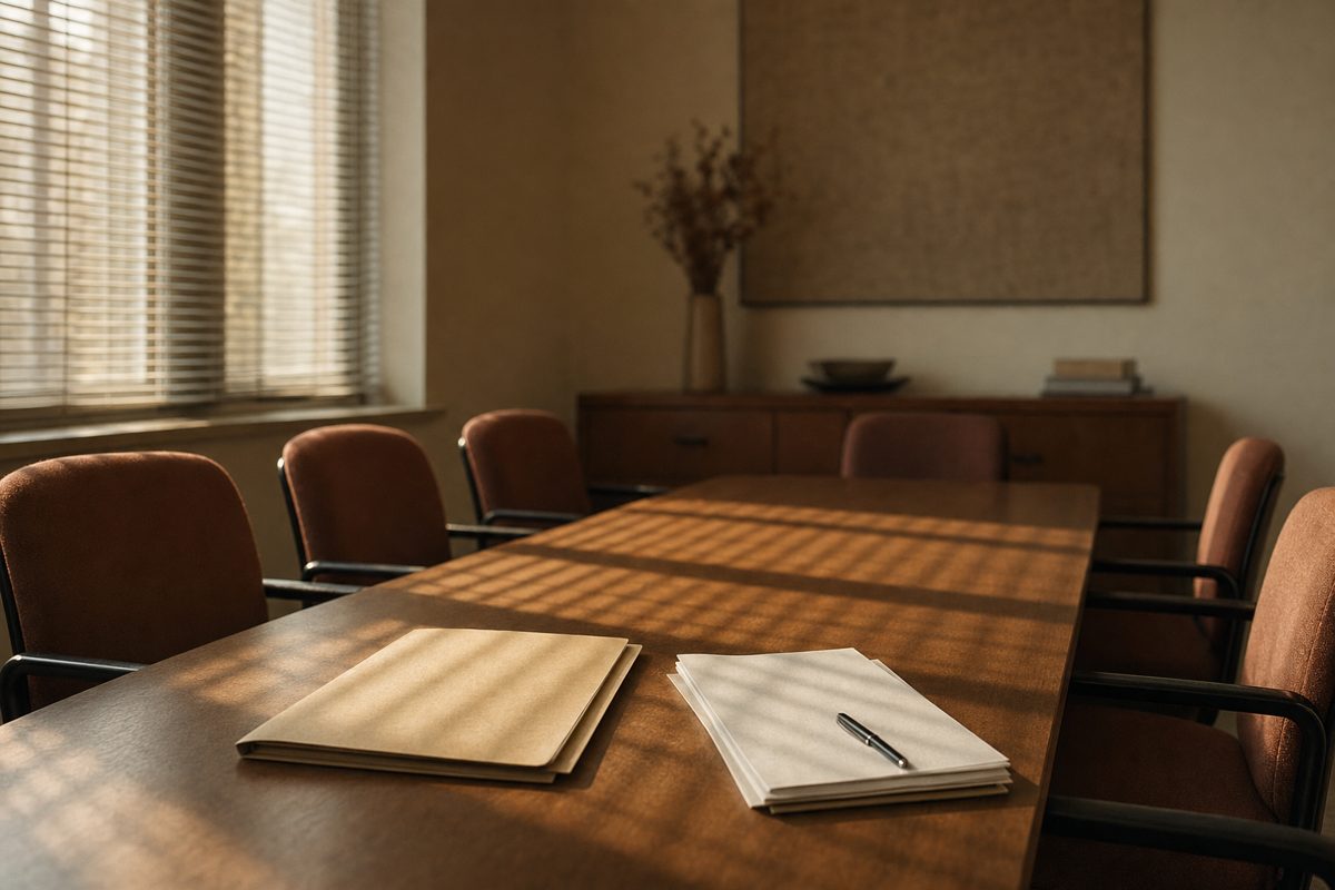 An empty school conference room with chairs pulled out and a folder of papers on the table, lit by afternoon light through blinds.
